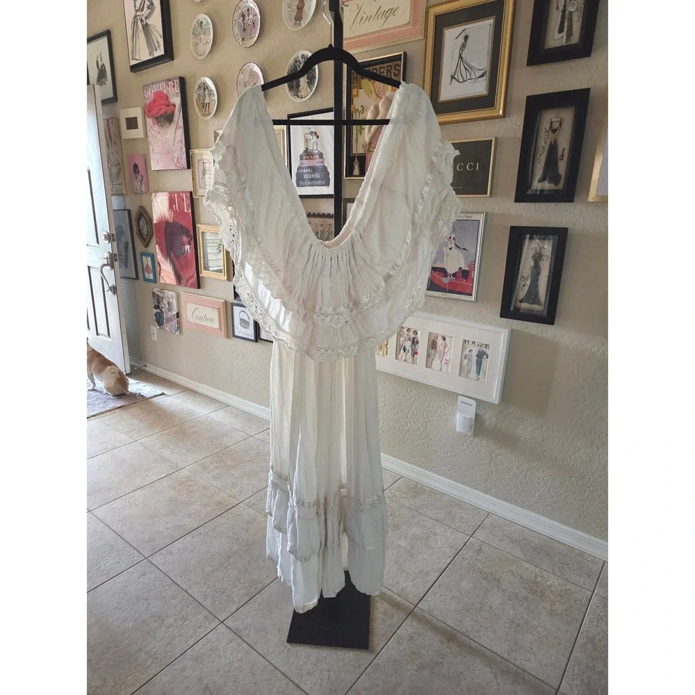 Vintage Mexican Off Shoulder Cotton Gauze Maxi Dress Ivory Lace Boho Plus Size - Picture 5 of 7